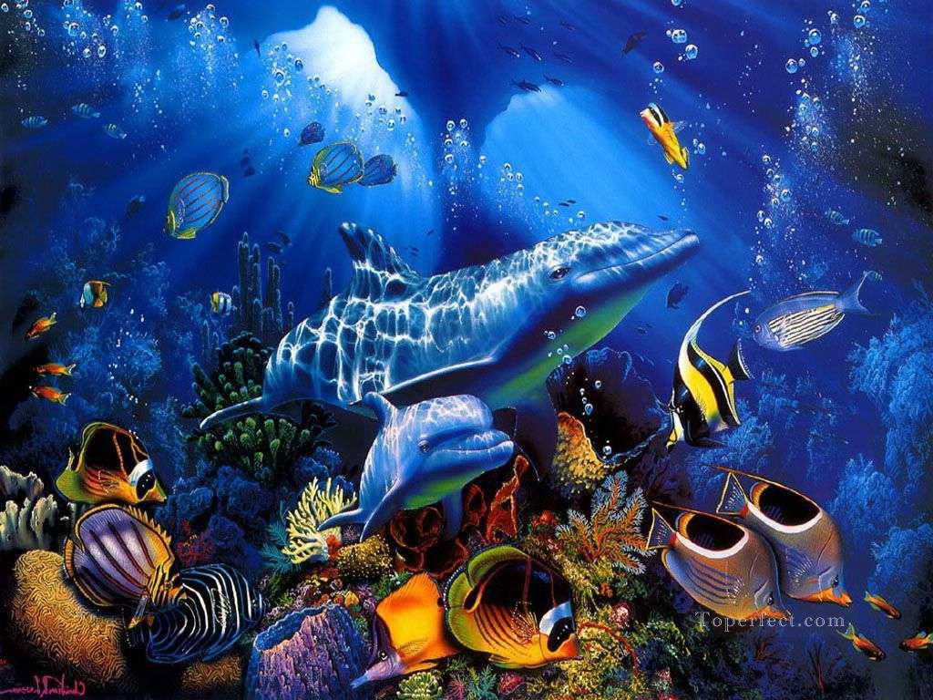 dauphin bleu sous l’eau Peintures à l'huile